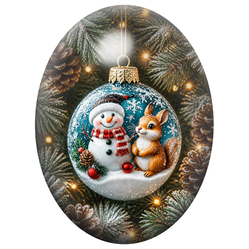 Cabochon en Verre Illustré Bonhomme de Neige et Écureuil dans une Boule de Noël 13x18, 18x25 ou 30x40mm