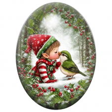 Cabochon en Verre Illustré Petit Elfe Embrassant un Oiseau Vert 13x18, 18x25 ou 30x40mm pour la Création de Bijoux Fantaisie - D