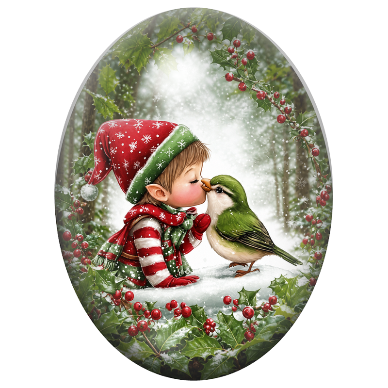 Cabochon en Verre Illustré Petit Elfe Embrassant un Oiseau Vert 13x18, 18x25 ou 30x40mm