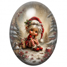 Cabochon en Verre Illustré Petit Elfe Assis dans la Forêt de Noël 13x18, 18x25 ou 30x40mm pour la Création de Bijoux Fantaisie -