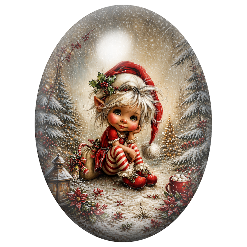 Cabochon en Verre Illustré Petit Elfe Assis dans la Forêt de Noël 13x18, 18x25 ou 30x40mm