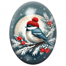 Cabochon en Verre Illustré Mésange au Bonnet Rouge sur une Branche Enneigée 13x18, 18x25 ou 30x40mm pour la Création de Bijoux F
