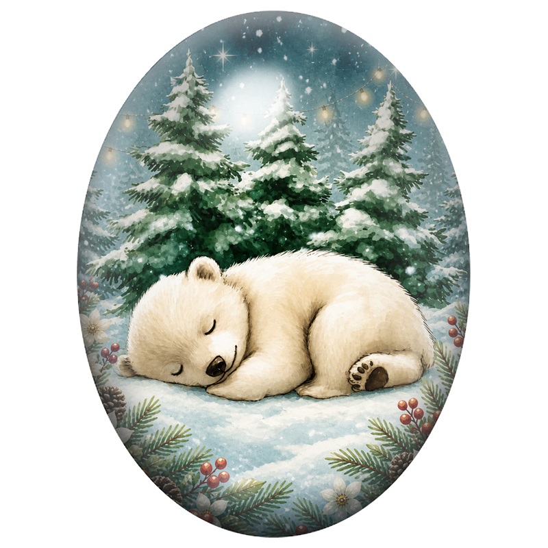 Cabochon en Verre Illustré Ourson Polaire Endormi dans la Neige 13x18, 18x25 ou 30x40mm