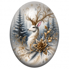Cabochon en Verre Illustré Renne Blanc aux Ramures d’Or 13x18, 18x25 ou 30x40mm pour la Création de Bijoux Fantaisie - DIY