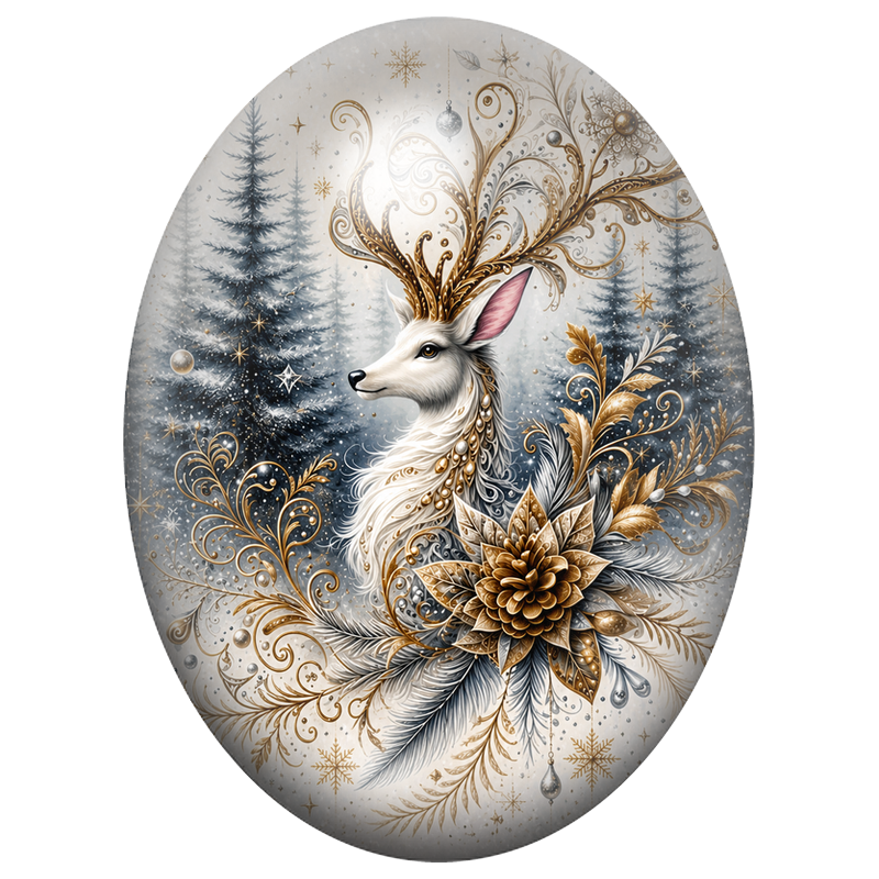 Cabochon en Verre Illustré Renne Blanc aux Ramures d’Or 13x18, 18x25 ou 30x40mm
