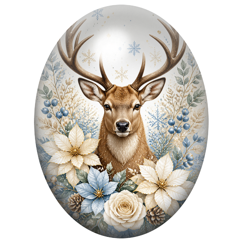 Cabochon en Verre Illustré Cerf aux Fleurs Bleues et Blanches 13x18, 18x25 ou 30x40mm