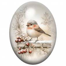 Cabochon en Verre Illustré Petit Oiseau d’Hiver aux Baies Rouges 13x18, 18x25 ou 30x40mm pour la Création de Bijoux Fantaisie - 