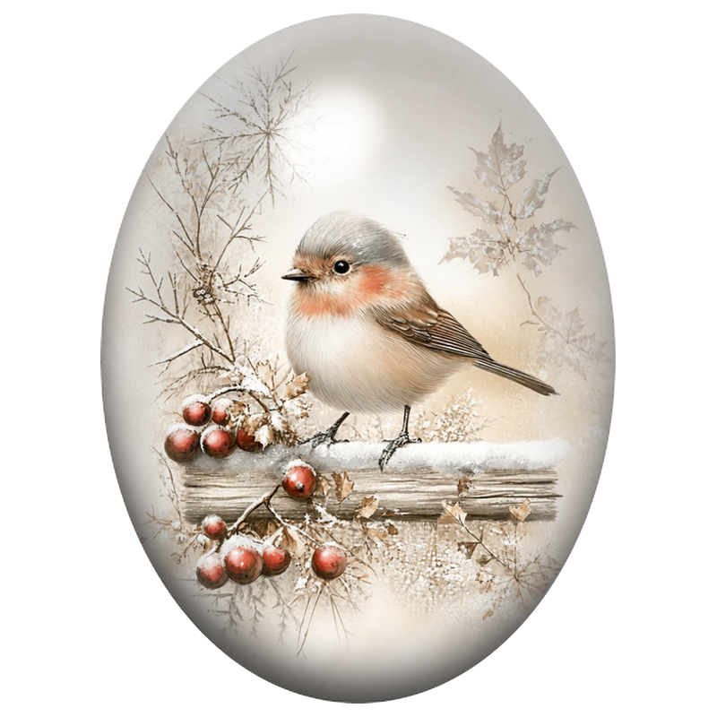 Cabochon en Verre Illustré Petit Oiseau d’Hiver aux Baies Rouges 13x18, 18x25 ou 30x40mm