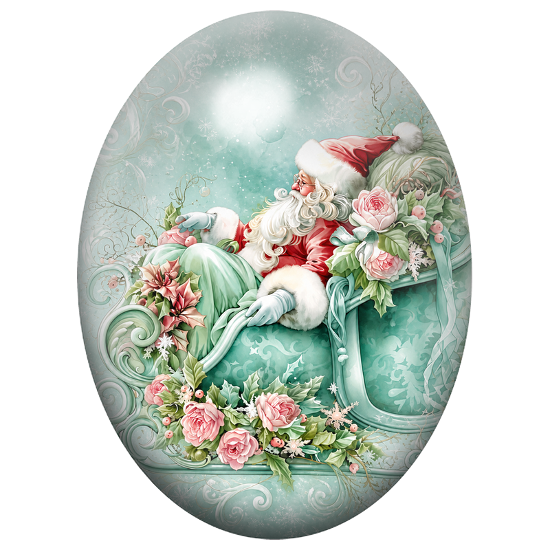 Cabochon en Verre Illustré Père Noël dans un Traîneau Turquoise Fleuri 13x18, 18x25 ou 30x40mm