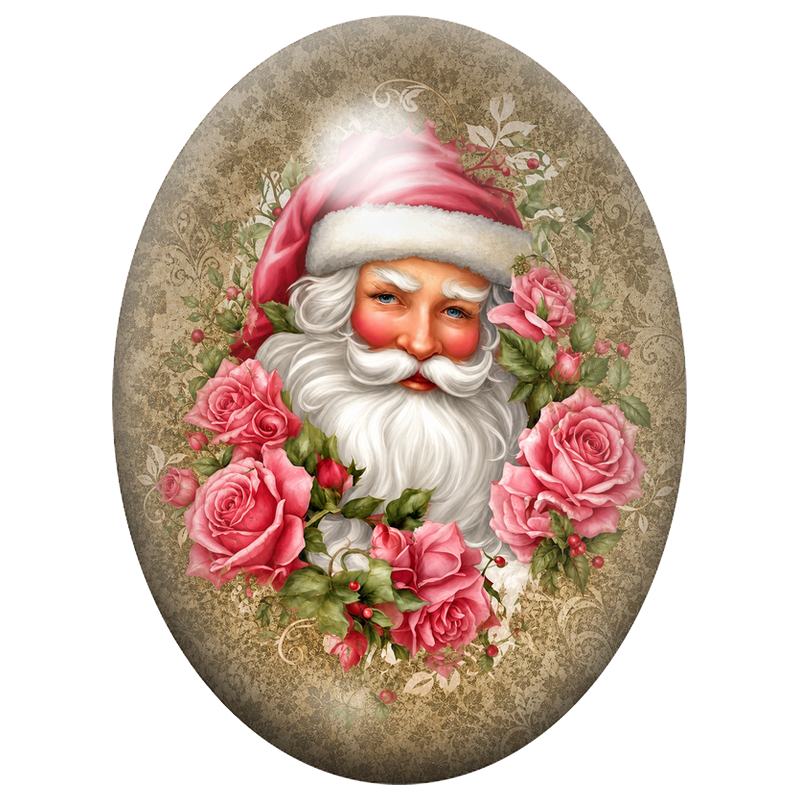 Cabochon en Verre Illustré Père Noël Entouré de Roses Roses 13x18, 18x25 ou 30x40mm