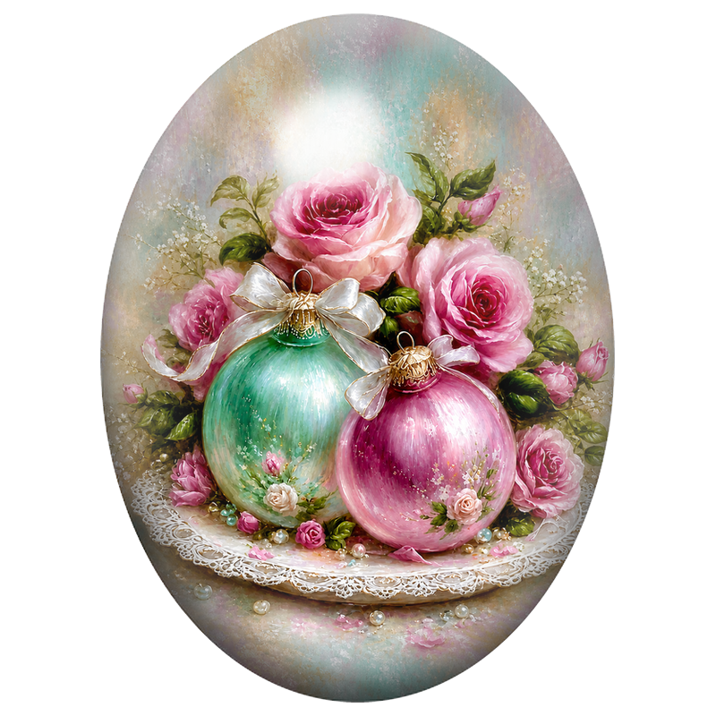 Cabochon en Verre Illustré Boules de Noël Turquoise et Rose parmi les Roses 13x18, 18x25 ou 30x40mm