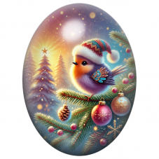 Cabochon en Verre Illustré Petit Oiseau de Noël sur une Branche de Sapin 13x18, 18x25 ou 30x40mm pour la Création de Bijoux Fant