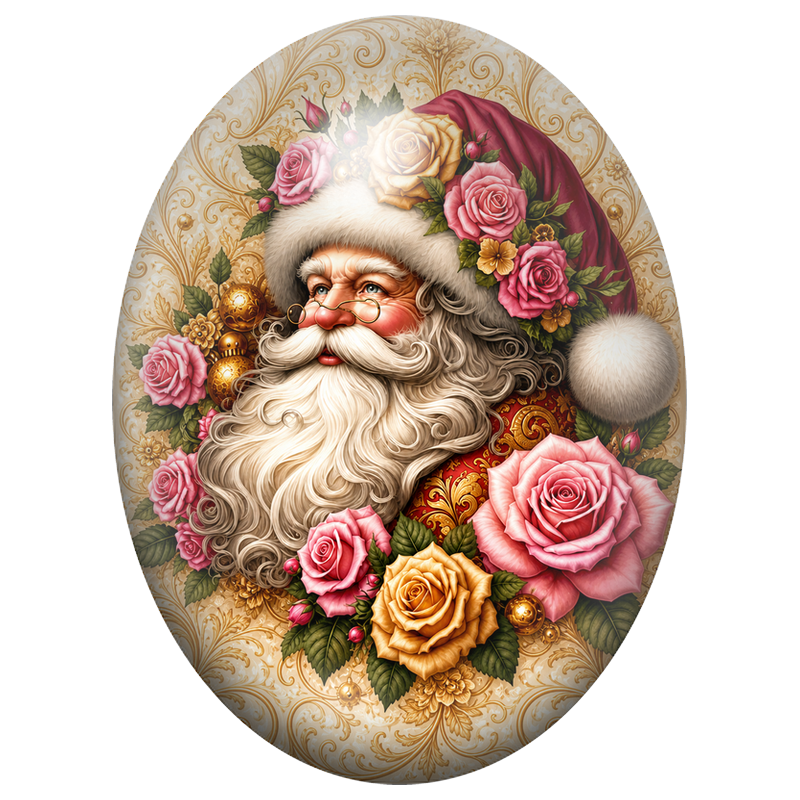 Cabochon en Verre Illustré Père Noël aux Roses Roses et Dorées 13x18, 18x25 ou 30x40mm