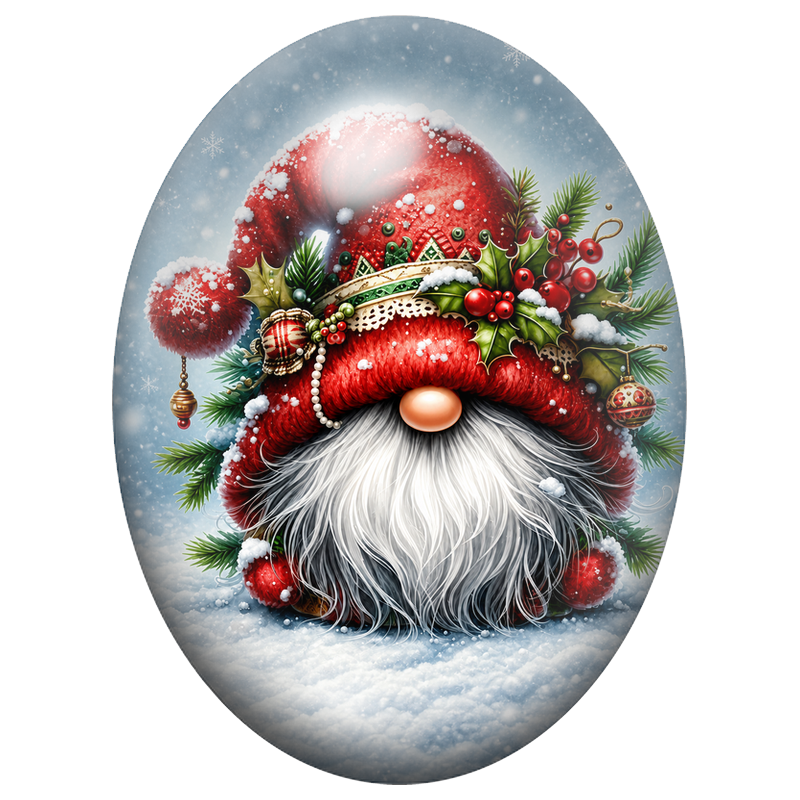 Cabochon en Verre Illustré Lutin de Noël au Grand Bonnet Rouge 13x18, 18x25 ou 30x40mm