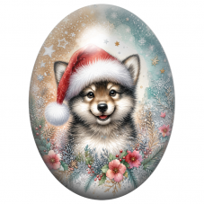 Cabochon en Verre Illustré Chiot Husky au Bonnet de Noël 13x18, 18x25 ou 30x40mm pour la Création de Bijoux Fantaisie - DIY