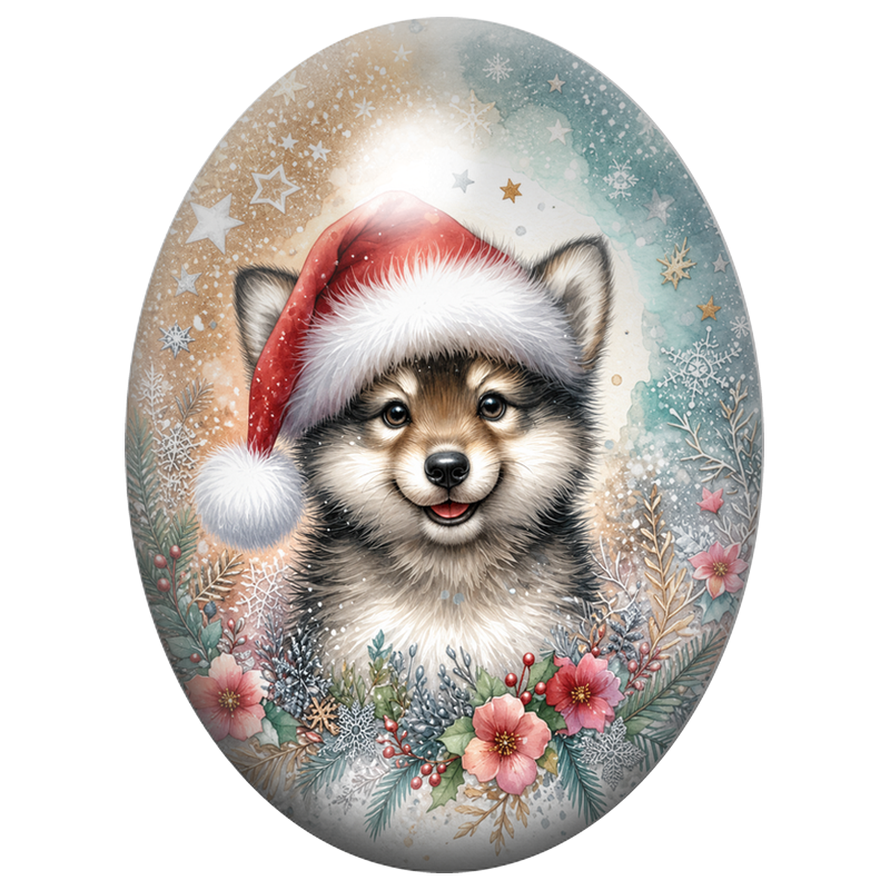 Cabochon en Verre Illustré Chiot Husky au Bonnet de Noël 13x18, 18x25 ou 30x40mm