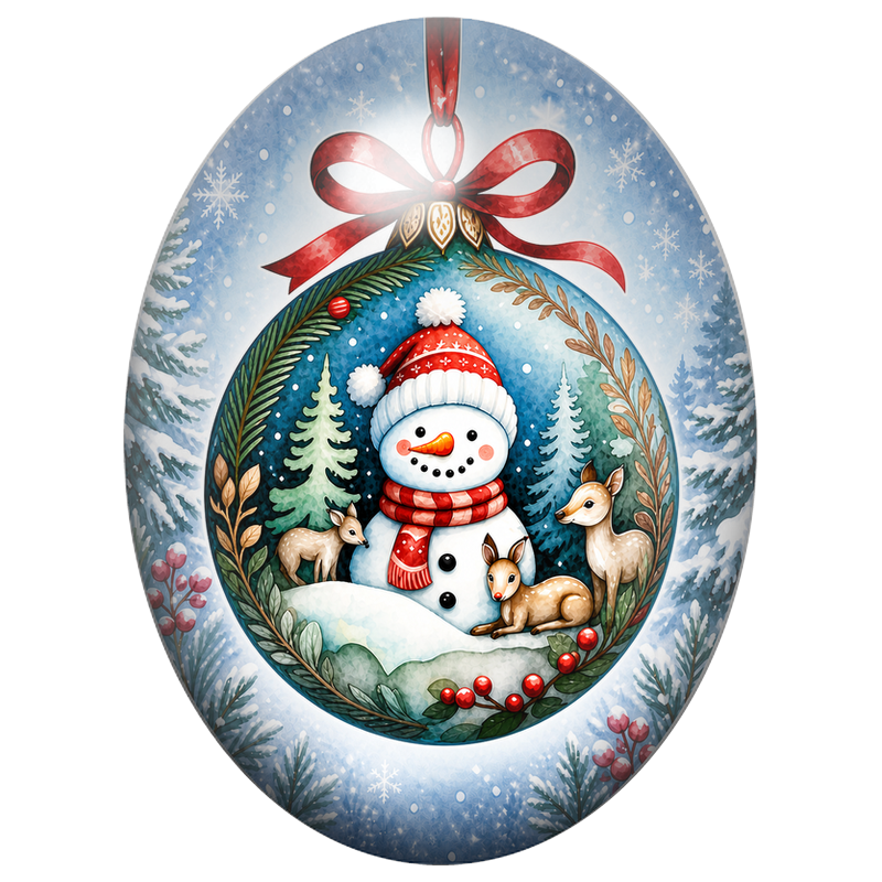 Cabochon en Verre Illustré Bonhomme de Neige et Faons dans une Boule de Noël 13x18, 18x25 ou 30x40mm