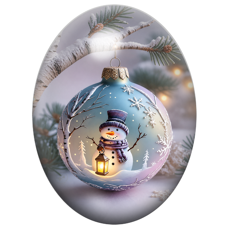 Cabochon en Verre Illustré Bonhomme de Neige à la Lanterne dans une Boule 13x18, 18x25 ou 30x40mm