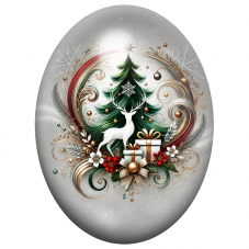 Cabochon en Verre Illustré Sapin de Noël au Cerf Blanc et aux Cadeaux 13x18, 18x25 ou 30x40mm pour la Création de Bijoux Fantais