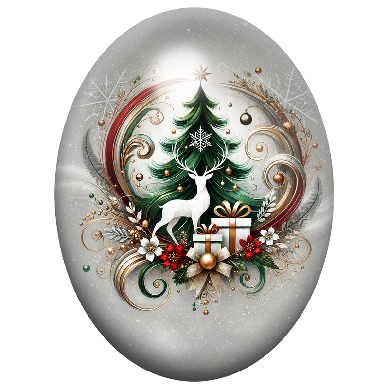 Cabochon en Verre Illustré Sapin de Noël au Cerf Blanc et aux Cadeaux 13x18, 18x25 ou 30x40mm