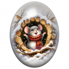 Cabochon en Verre Illustré Petite Souris dans un Tronc Enneigé 13x18, 18x25 ou 30x40mm pour la Création de Bijoux Fantaisie - DI