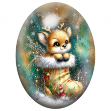 Cabochon en Verre Illustré Petit Renne dans une Chaussette de Noël 13x18, 18x25 ou 30x40mm pour la Création de Bijoux Fantaisie 