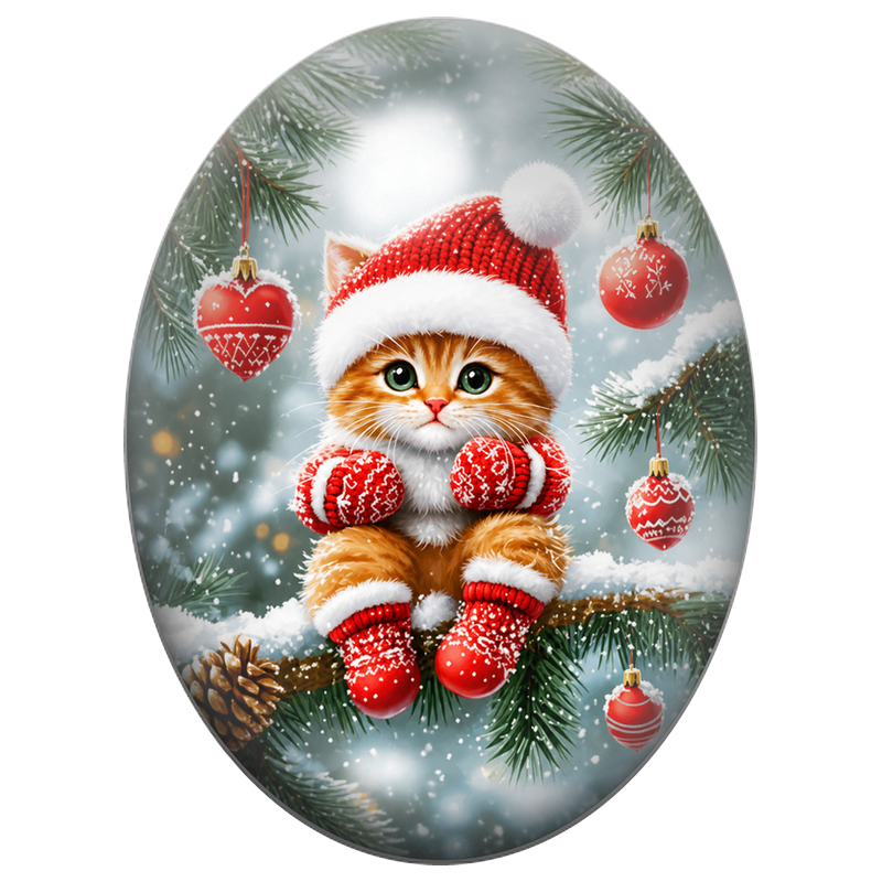Cabochon en Verre Illustré Chaton au Costume Tricoté de Noël 13x18, 18x25 ou 30x40mm