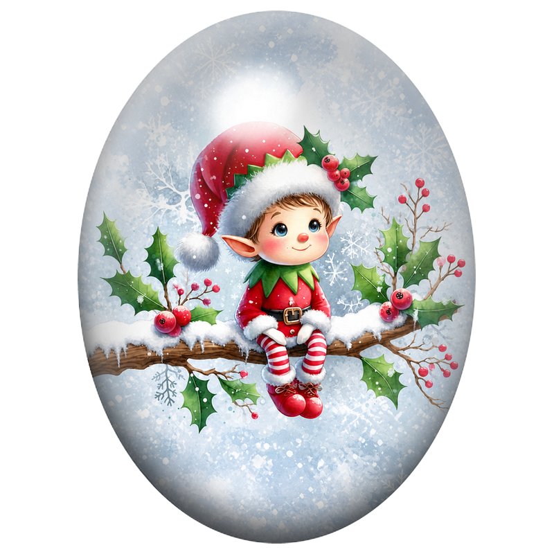 Cabochon en Verre Illustré Petit Elfe Assis sur une Branche de Houx 13x18, 18x25 ou 30x40mm