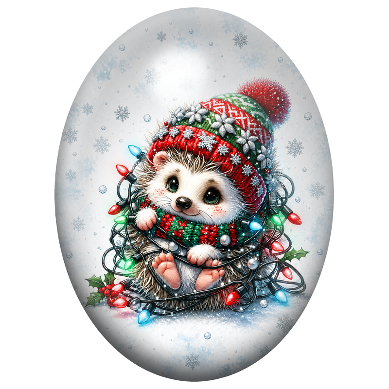 Cabochon en Verre Illustré Petit Hérisson dans une Guirlande de Noël 13x18, 18x25 ou 30x40mm