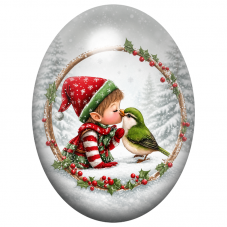Cabochon en Verre Illustré Elfe Embrassant un Oiseau dans une Couronne de Houx 13x18, 18x25 ou 30x40mm pour la Création de Bijou