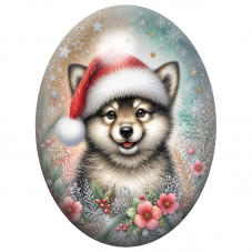 Cabochon en Verre Illustré Chiot Husky au Bonnet Rouge parmi les Fleurs 13x18, 18x25 ou 30x40mm pour la Création de Bijoux Fanta