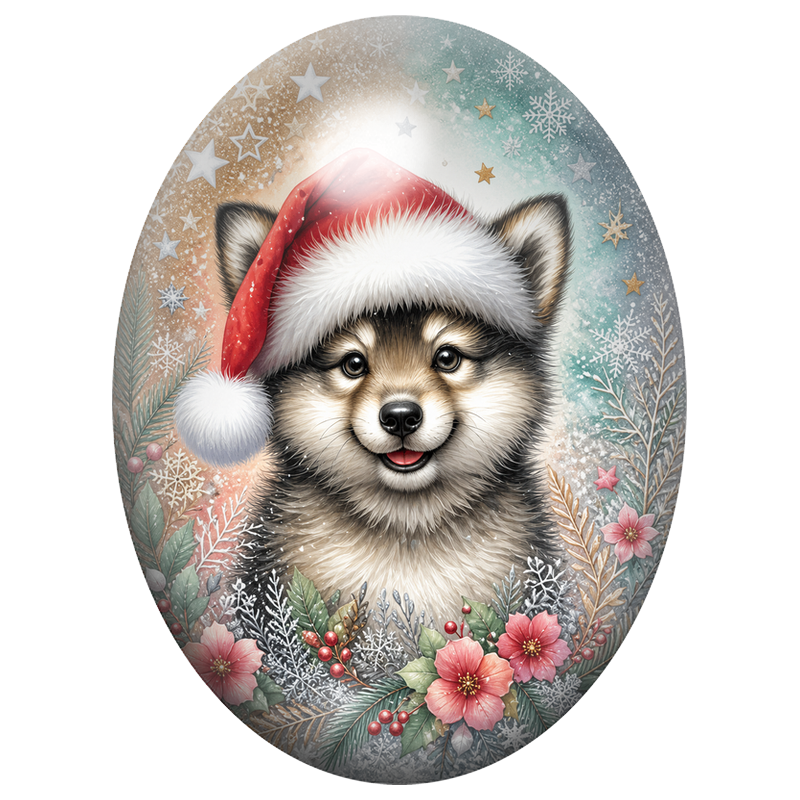 Cabochon en Verre Illustré Chiot Husky au Bonnet Rouge parmi les Fleurs 13x18, 18x25 ou 30x40mm