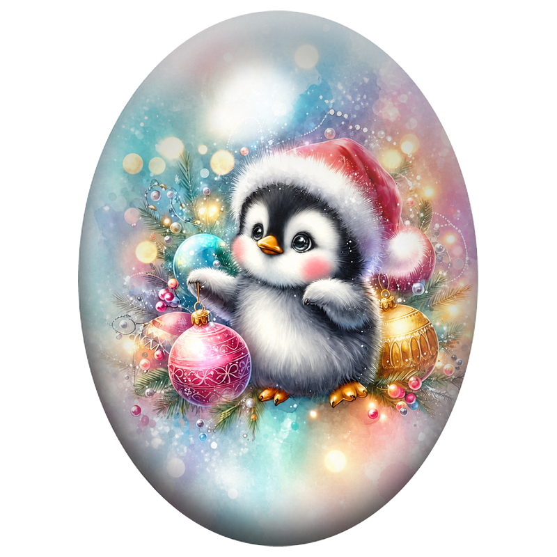 Cabochon en Verre Illustré Petit Pingouin parmi les Boules de Noël 13x18, 18x25 ou 30x40mm