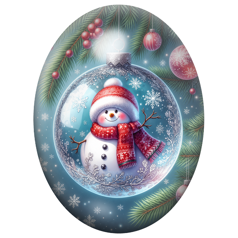 Cabochon en Verre Illustré Bonhomme de Neige dans une Boule aux Motifs Argentés 13x18, 18x25 ou 30x40mm