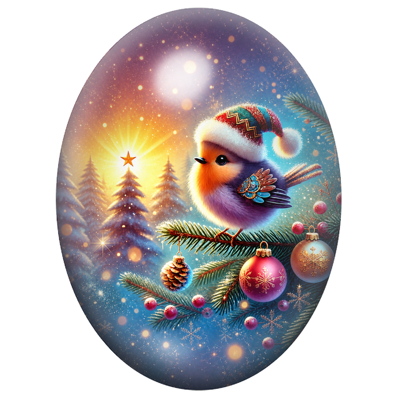 Cabochon en Verre Illustré Petit Oiseau de Noël aux Boules Roses 13x18, 18x25 ou 30x40mm