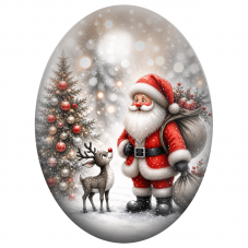 Cabochon en Verre Illustré Père Noël et Jeune Renne devant le Sapin 13x18, 18x25 ou 30x40mm pour la Création de Bijoux Fantaisie