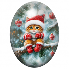 Cabochon en Verre Illustré Chaton de Noël aux Boules Rouges 13x18, 18x25 ou 30x40mm pour la Création de Bijoux Fantaisie - DIY