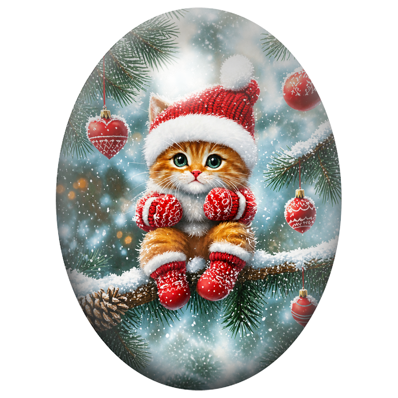 Cabochon en Verre Illustré Chaton de Noël aux Boules Rouges 13x18, 18x25 ou 30x40mm