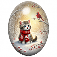 Cabochon en Verre Illustré Chaton et Cardinal dans les Baies Rouges 13x18, 18x25 ou 30x40mm pour la Création de Bijoux Fantaisie
