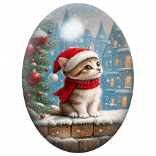 Cabochon en Verre Illustré Chaton au Bonnet Rouge devant le Village Hivernal 13x18, 18x25 ou 30x40mm pour la Création de Bijoux 