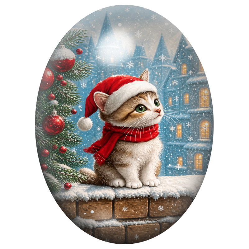 Cabochon en Verre Illustré Chaton au Bonnet Rouge devant le Village Hivernal 13x18, 18x25 ou 30x40mm