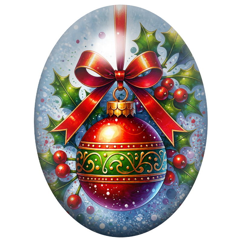 Cabochon en Verre Illustré Boule de Noël Rouge et Verte au Nœud Brillant 13x18, 18x25 ou 30x40mm