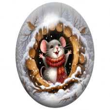 Cabochon en Verre Illustré Souris dans un Tronc enneigé 13x18, 18x25 ou 30x40mm pour la Création de Bijoux Fantaisie - DIY