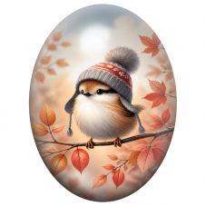Cabochon en Verre Illustré Petit Oiseau au Bonnet dans les Feuilles d’Automne 13x18, 18x25 ou 30x40mm pour la Création de Bijoux