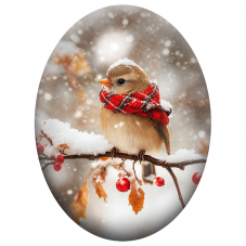 Cabochon en Verre Illustré Oiseau au Foulard Rouge sous la Neige 13x18, 18x25 ou 30x40mm pour la Création de Bijoux Fantaisie - 