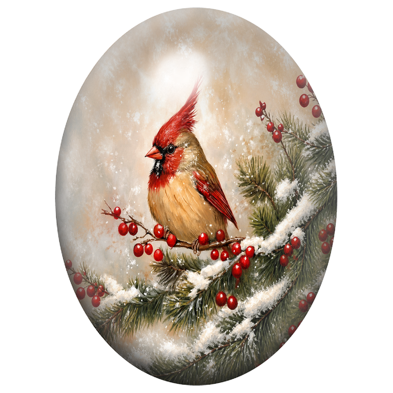Cabochon en Verre Illustré Cardinal parmi les Branches de Sapin 13x18, 18x25 ou 30x40mm
