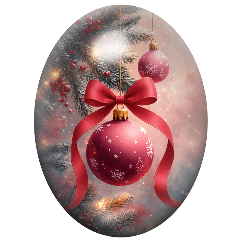 Cabochon en Verre Illustré Boule Rose aux Flocons et au Nœud Rouge 13x18, 18x25 ou 30x40mm
