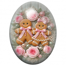 Cabochon en Verre Illustré Deux Biscuits de Noël parmi les Roses 13x18, 18x25 ou 30x40mm pour la Création de Bijoux Fantaisie - 