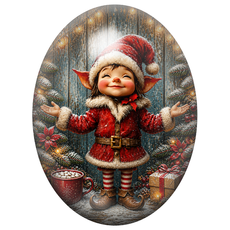 Cabochon en Verre Illustré Petit Elfe de Noël au Chocolat Chaud 13x18, 18x25 ou 30x40mm