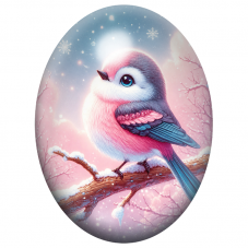Cabochon en Verre Illustré Petit Oiseau Rose et Bleu sur une Branche Neigeuse 13x18, 18x25 ou 30x40mm pour la Création de Bijoux